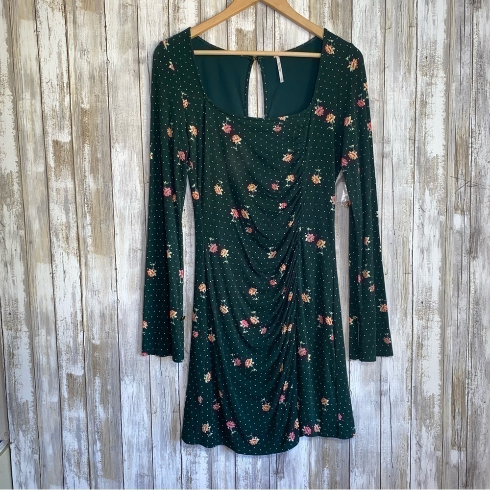 Free People Cecilia Floral Mini Dress Emerald Green Square Neck Ruched Bodycon L - Picture 2 of 9